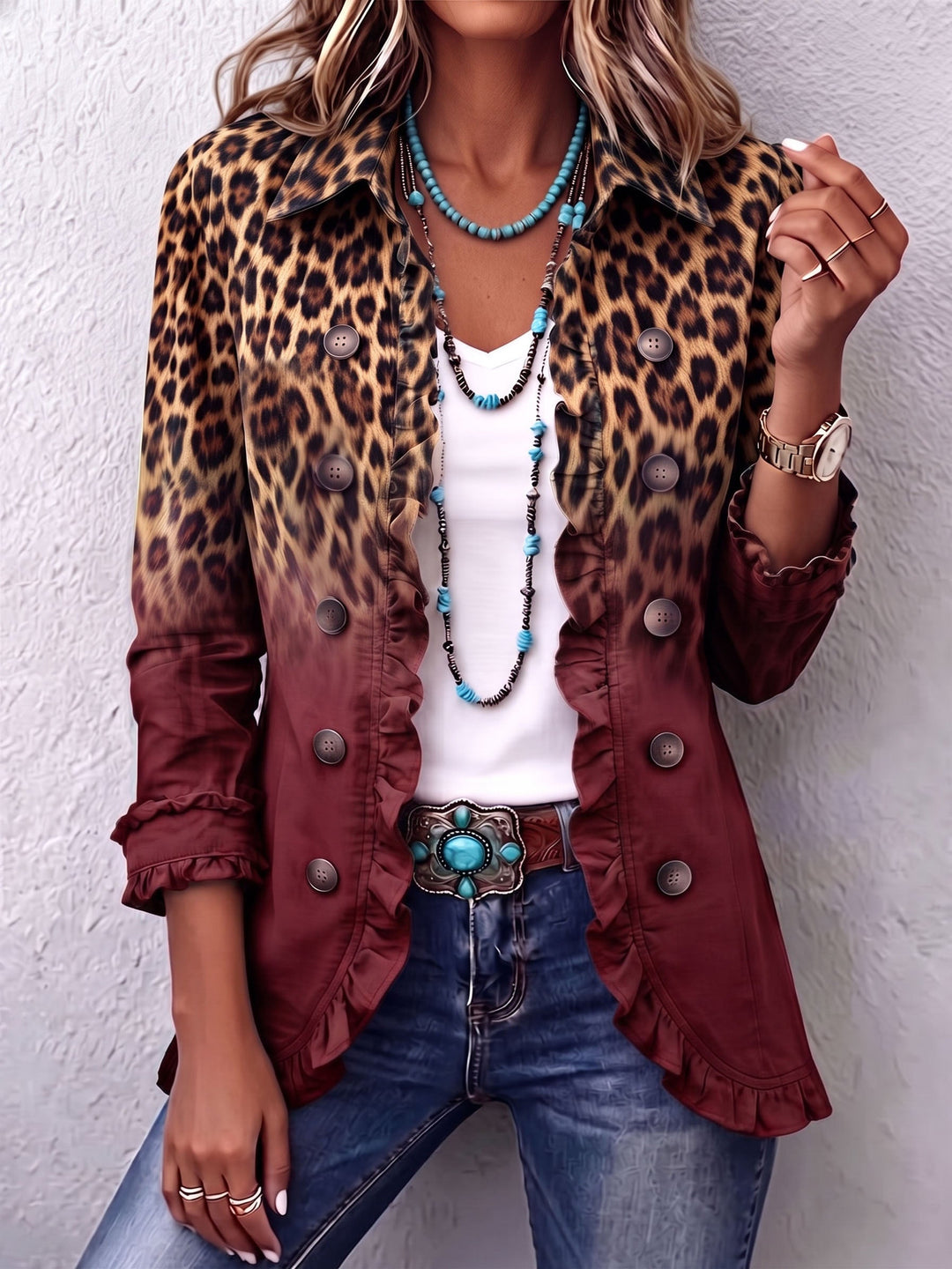 Elspeth Women's Leopard Ombre Blazer Jacket with Ruffle Trim - Elena Harper