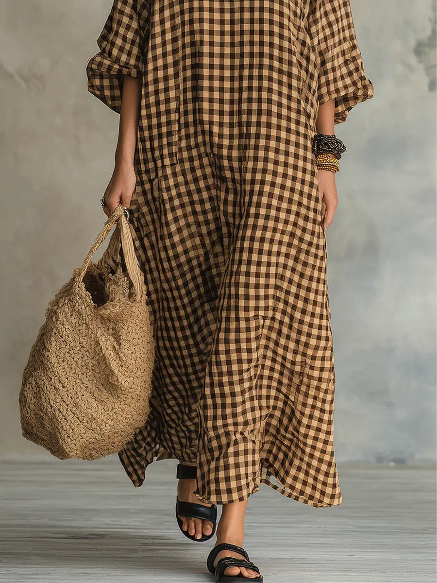 Women's Retro Plaid Art Casual Stylish Cotton Linen Maxi Dress, view 3 - Elena Harper