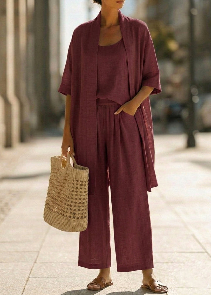 Abra Three-Piece Minimalist Set in Cotton and Linen - Elena Harper