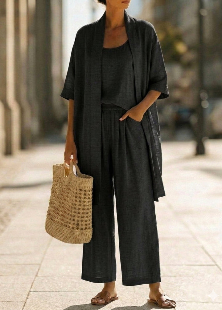Abra Three-Piece Minimalist Set in Cotton and Linen - Elena Harper