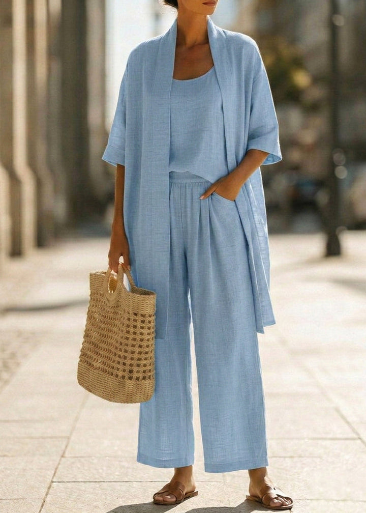 Abra Three-Piece Minimalist Set in Cotton and Linen - Elena Harper