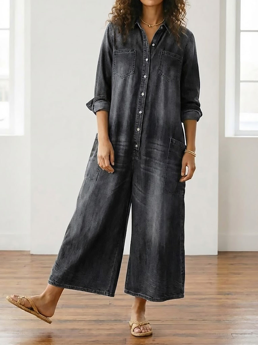 Saylor Vintage Washed Cotton Denim Overalls with Button Closure, view 7 - Elena Harper