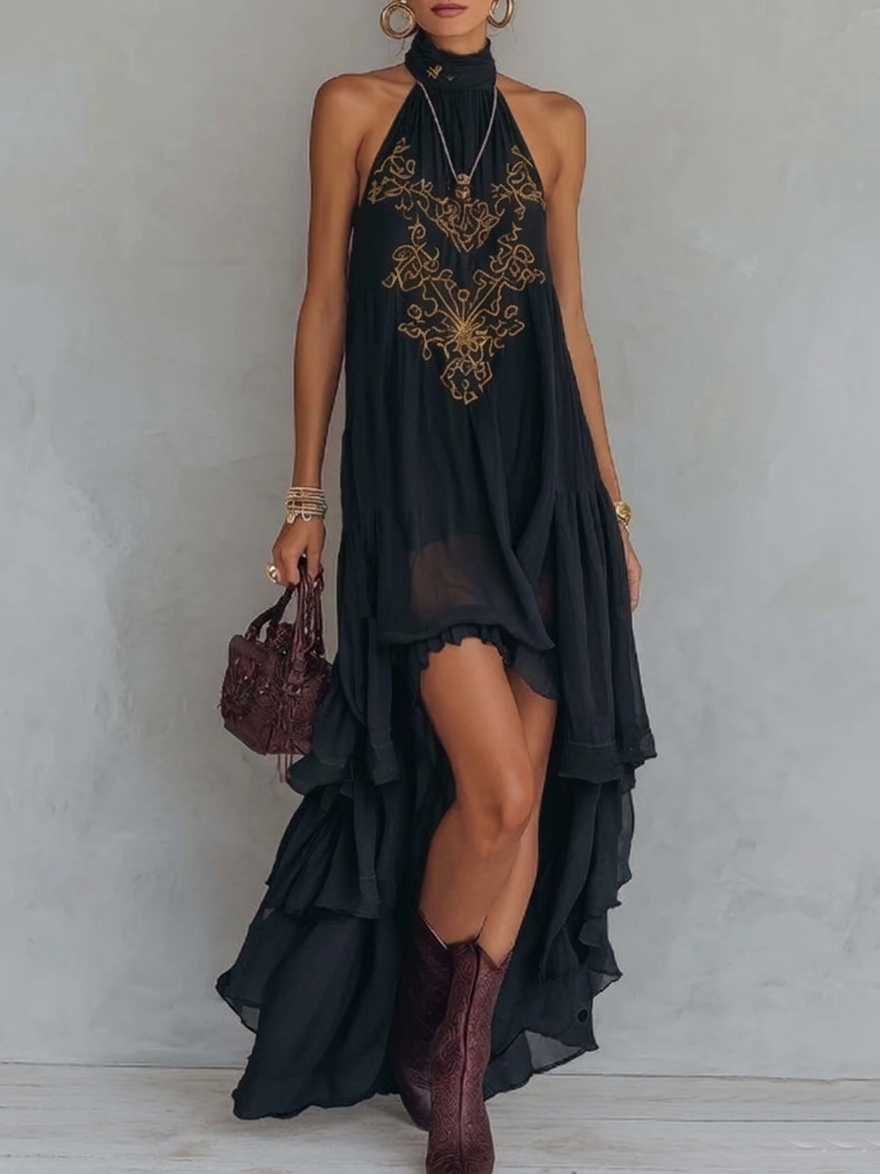 Rose - Retro Halter Neck Irregular Ruffle Maxi Dress