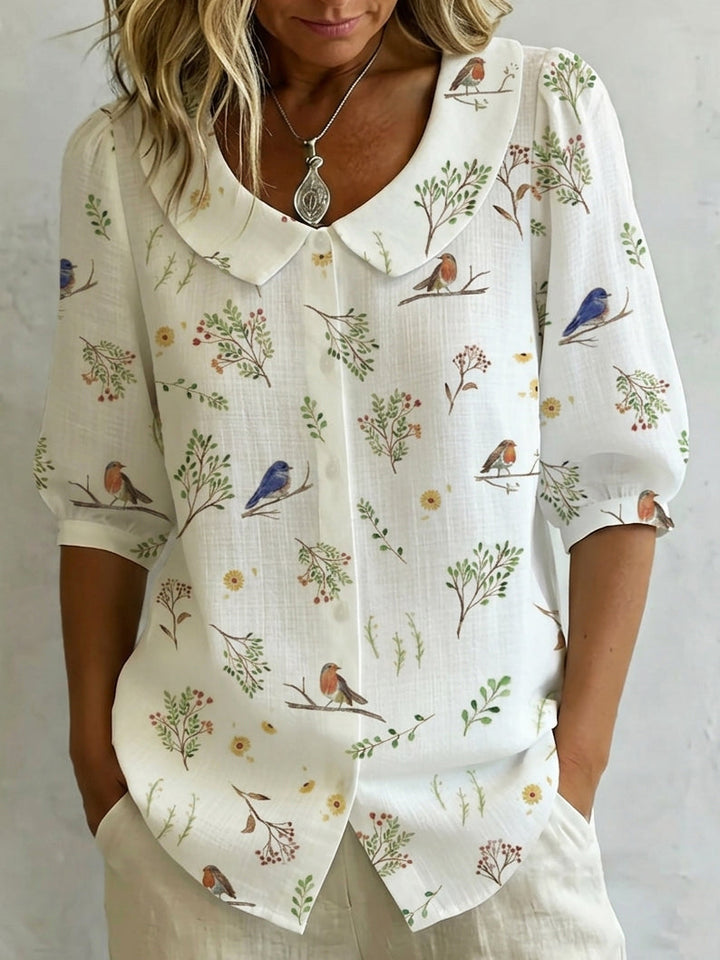 "Forest Whispers" Peter Pan Collar Linen-Cotton Shirt - Elena Harper
