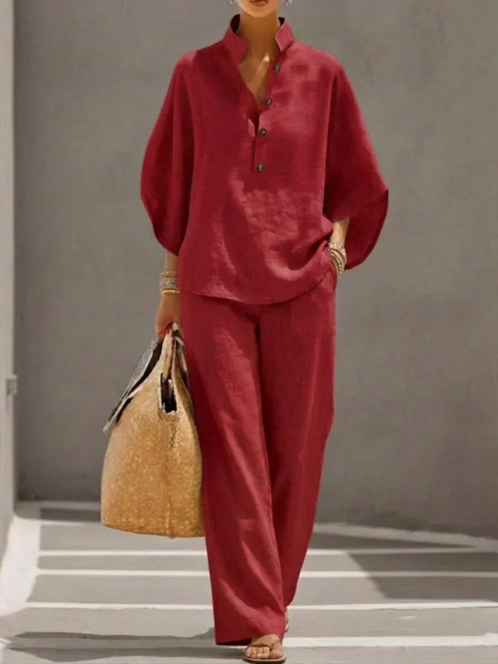Women's Relaxed Linen Two-Piece Set with Batwing Sleeves