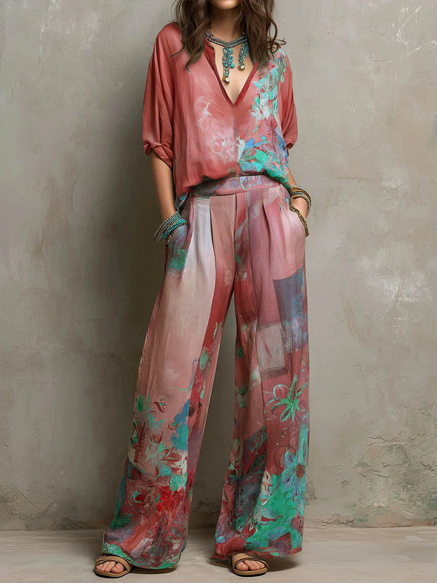 Women's Floral Wide-Leg Two-Piece Set