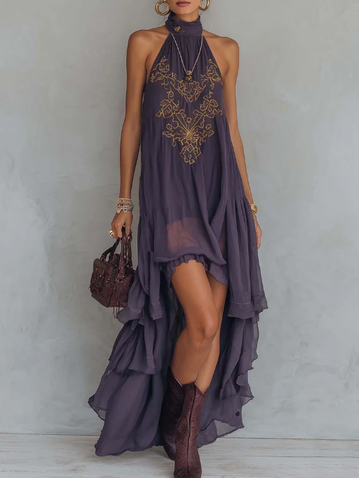 Rose - Retro Halter Neck Irregular Ruffle Maxi Dress
