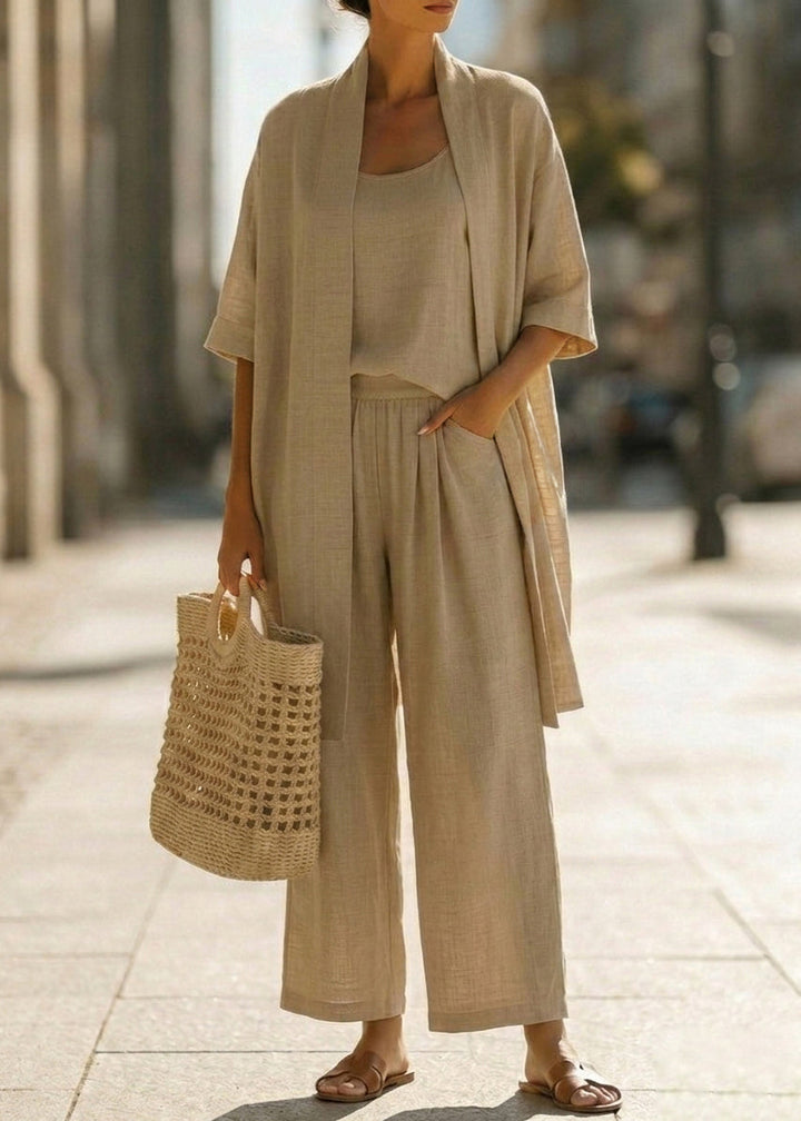 Abra Three-Piece Minimalist Set in Cotton and Linen - Elena Harper