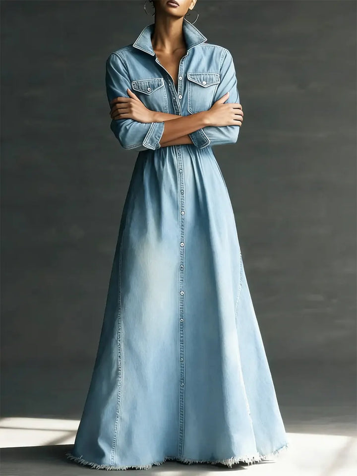 Vera - Stylish Art Stand Collar Washed Denim Midi Dress