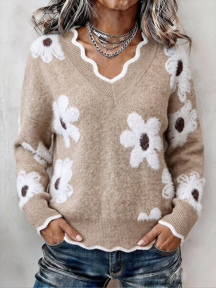 Ellsbeth Women's Floral Knit Sweater with Scalloped V-Neckline - Elena Harper