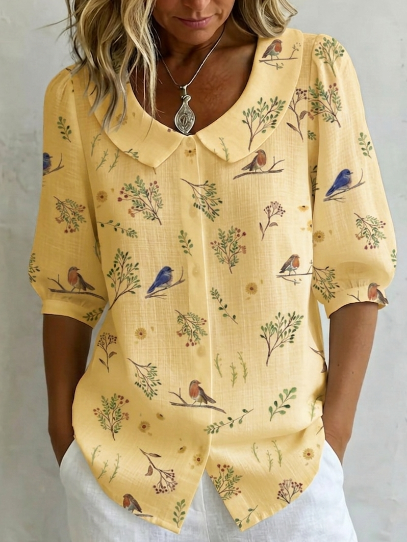 "Forest Whispers" Peter Pan Collar Linen-Cotton Shirt - Elena Harper