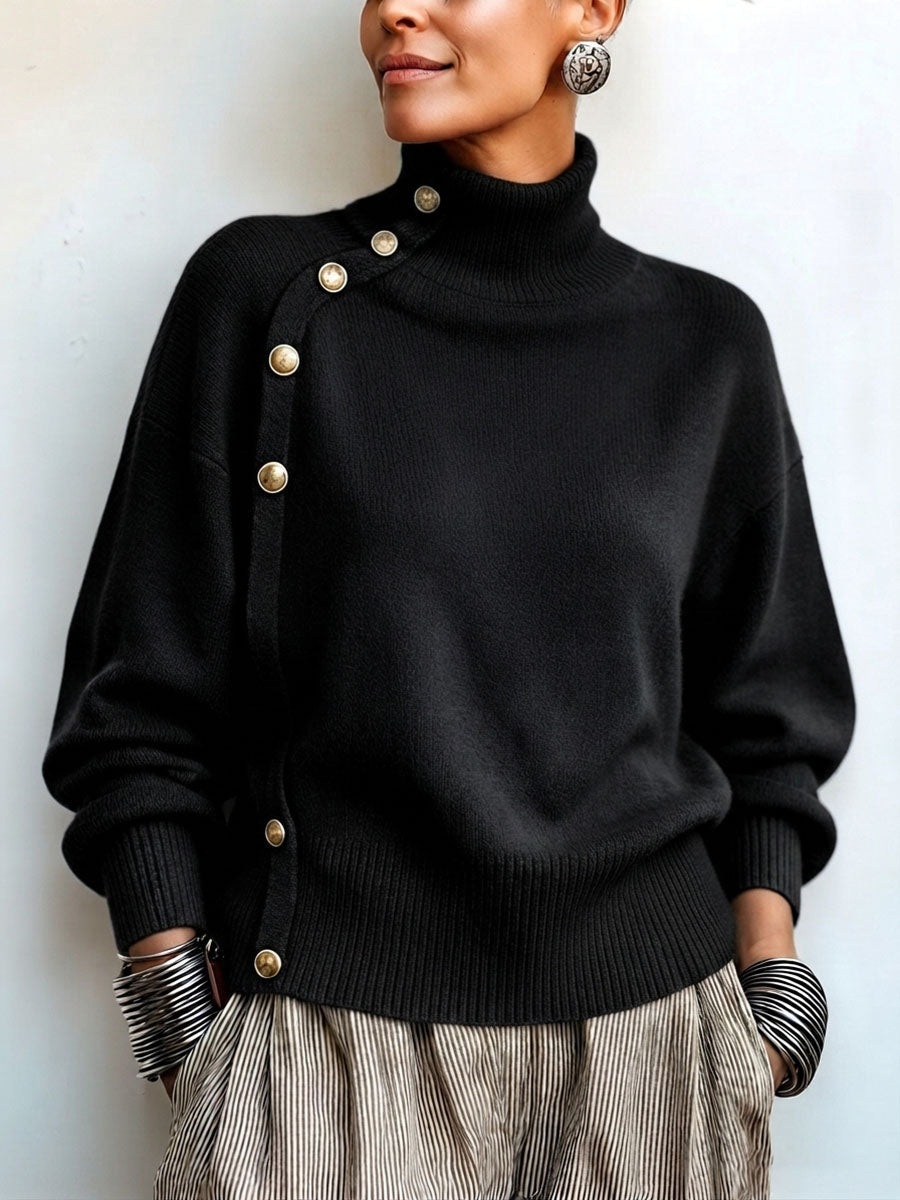 Elegant asymmetrical buttoned turtleneck sweater for women