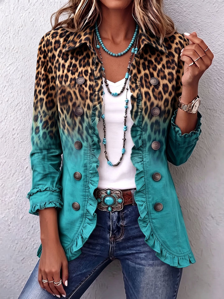 Elspeth Women's Leopard Ombre Blazer Jacket with Ruffle Trim - Elena Harper