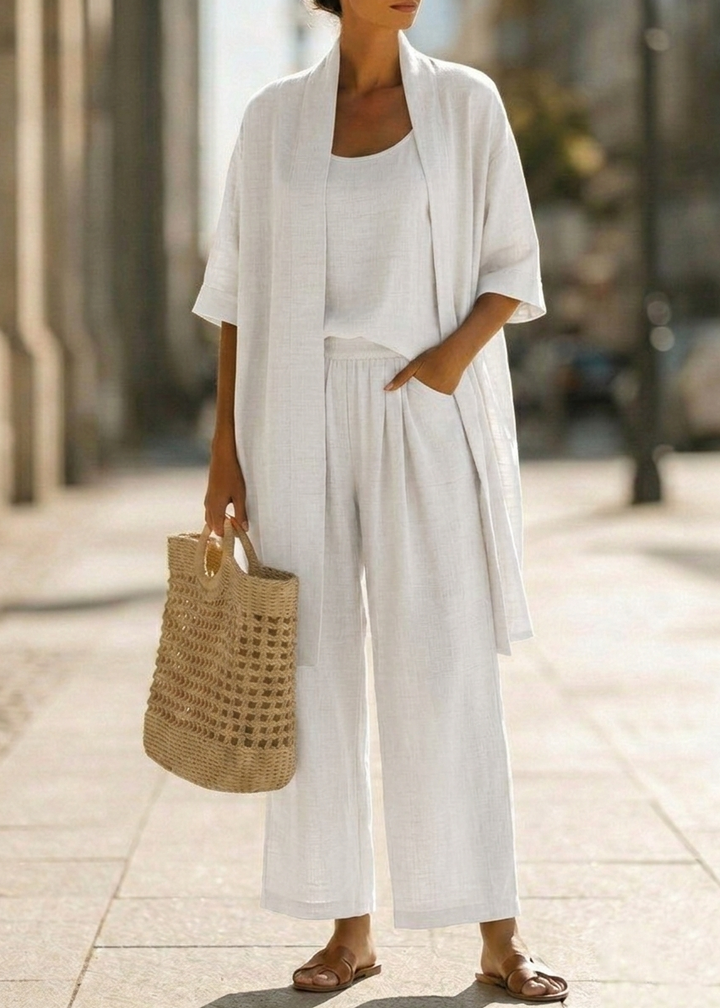 Abra Three-Piece Minimalist Set in Cotton and Linen - Elena Harper