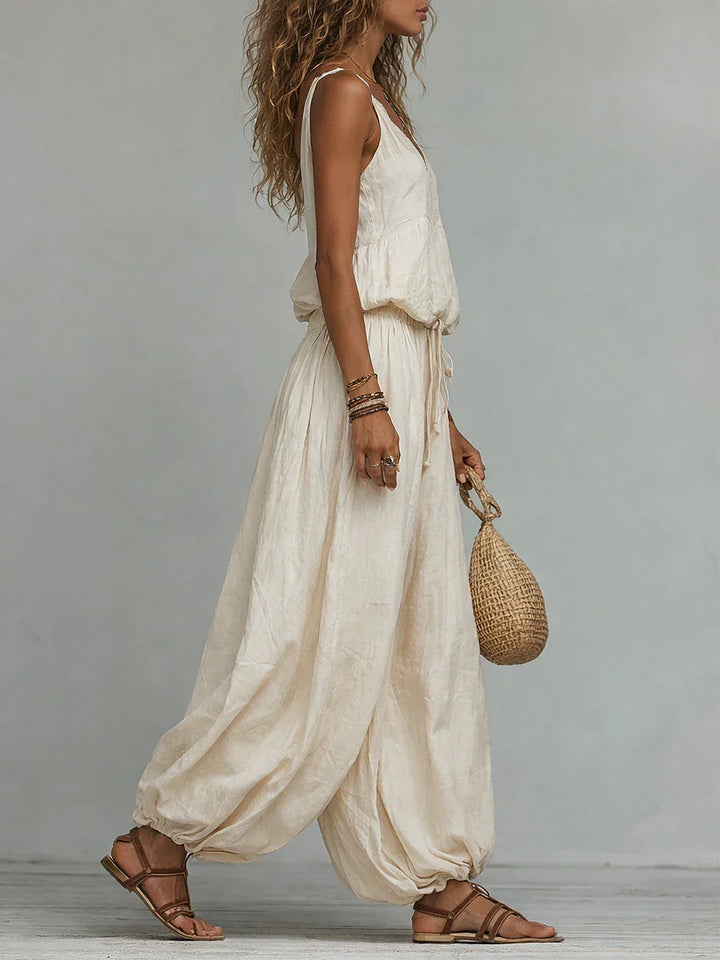 Women's Cotton-linen Embroidered Vest Lantern Wide-leg Pants, view 3 - Elena Harper