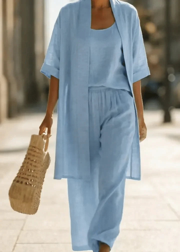 Abra Three-Piece Minimalist Set in Cotton and Linen - Elena Harper