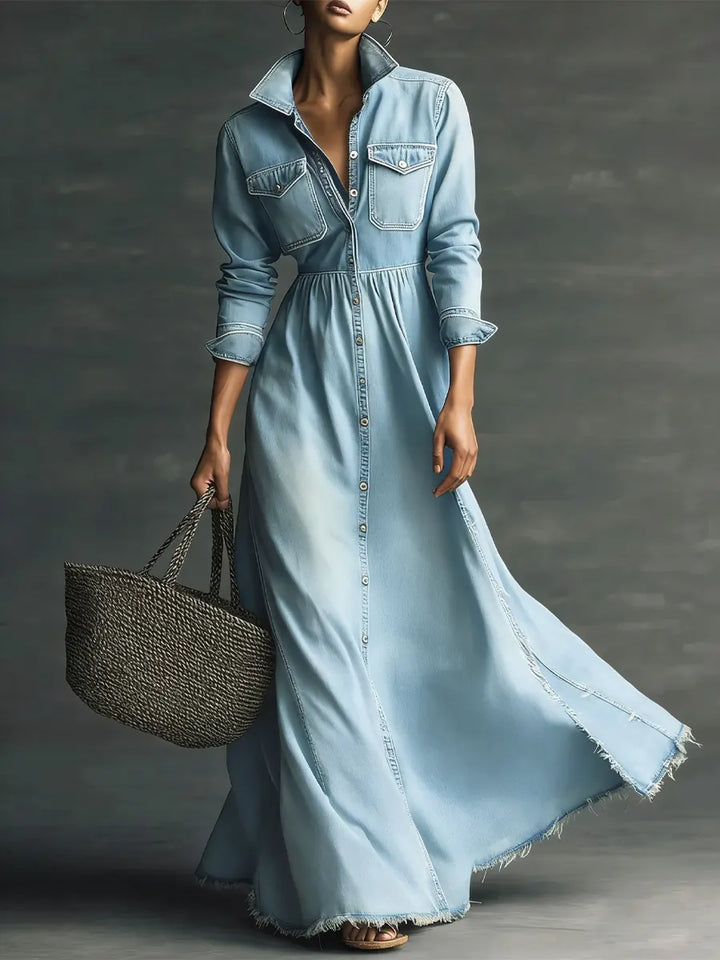 Vera - Stylish Art Stand Collar Washed Denim Midi Dress