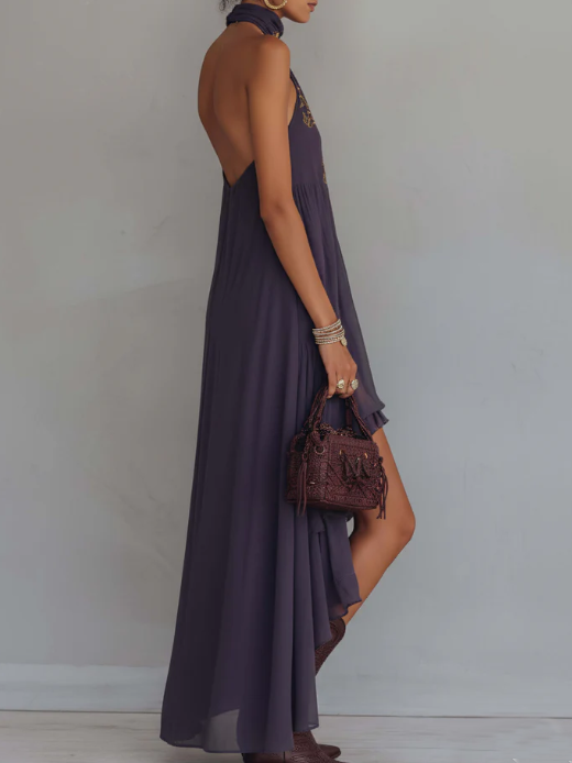 Rose - Retro Halter Neck Irregular Ruffle Maxi Dress