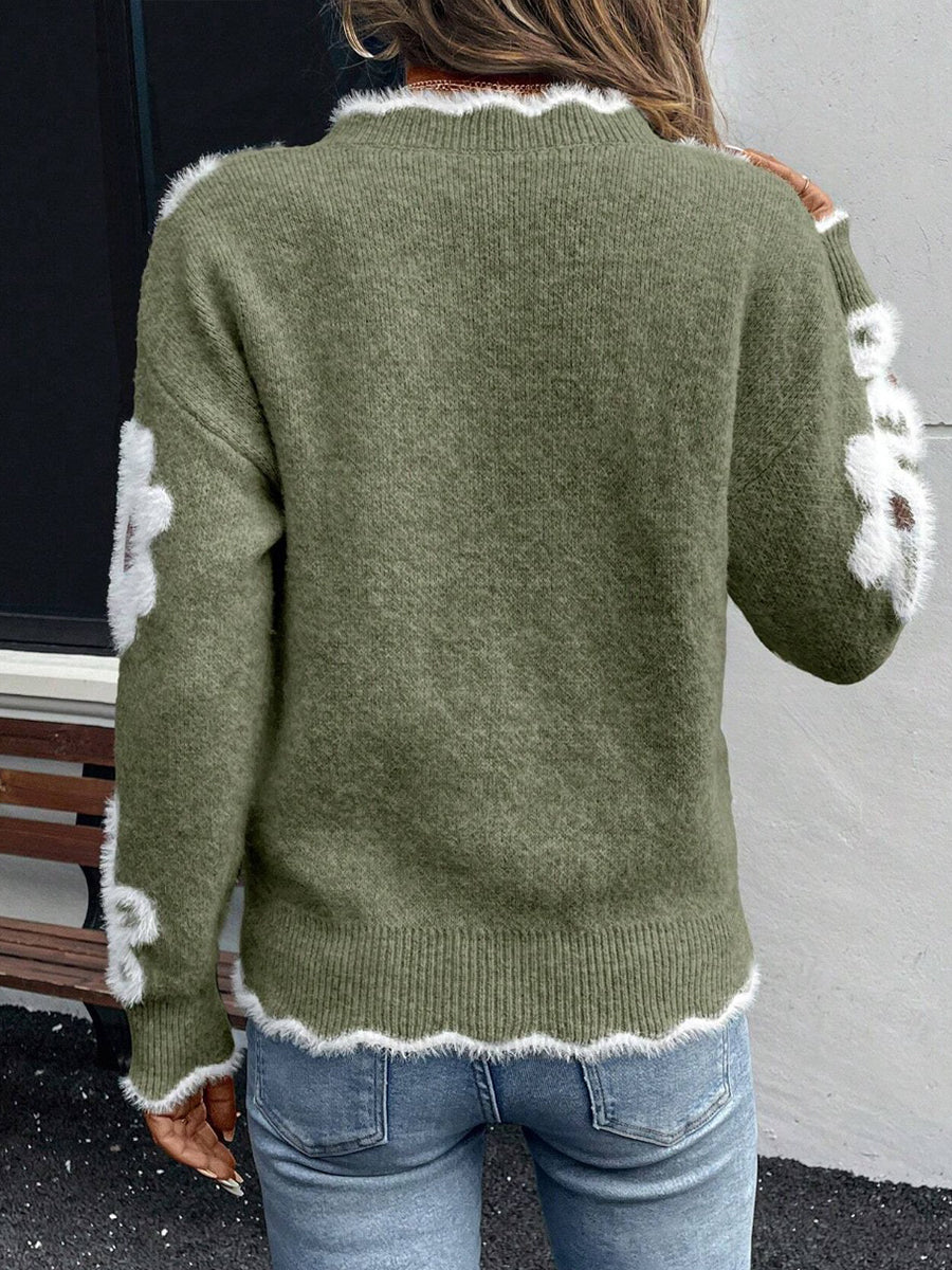 Ellsbeth Women's Floral Knit Sweater with Scalloped V-Neckline - Elena Harper