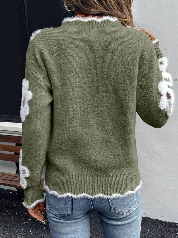 Ellsbeth Women's Floral Knit Sweater with Scalloped V-Neckline - Elena Harper