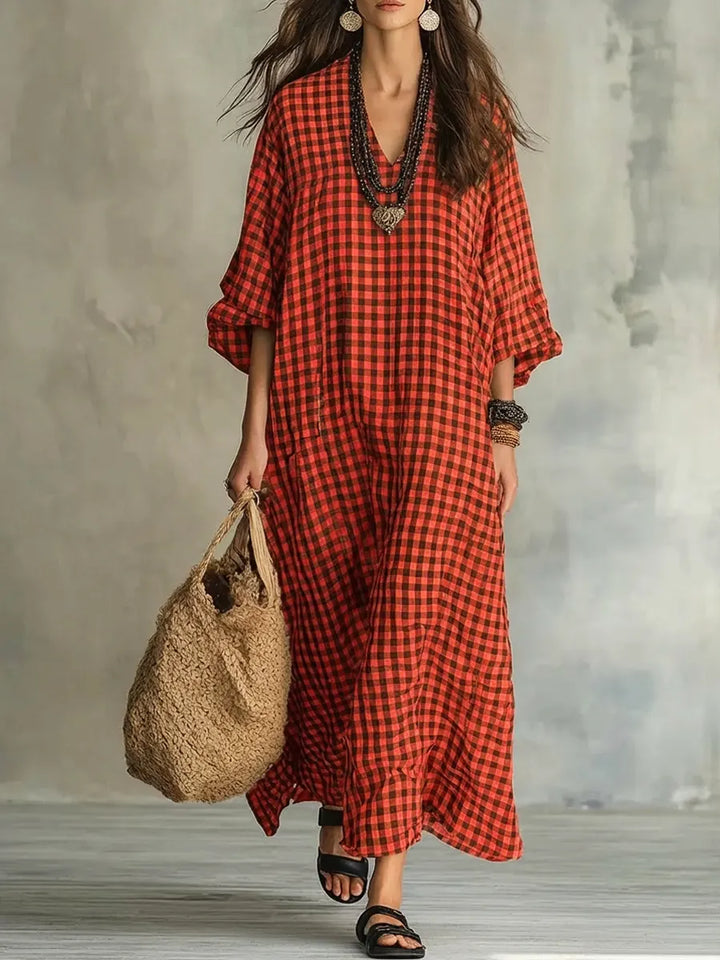 Women's Retro Plaid Art Casual Stylish Cotton Linen Maxi Dress, view 9 - Elena Harper