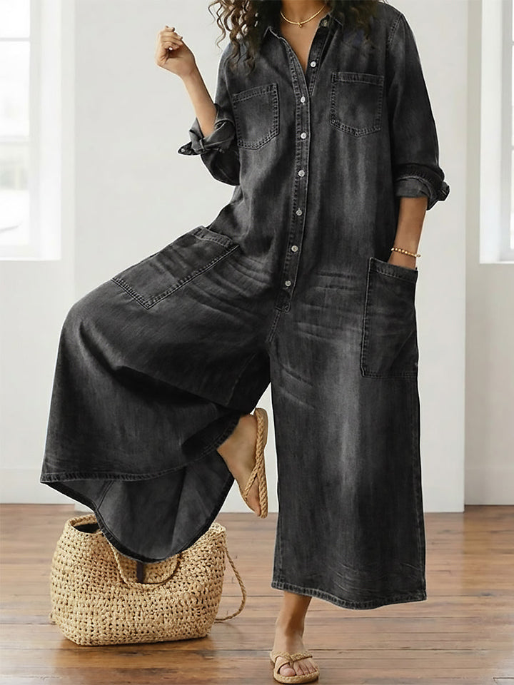 Saylor Vintage Washed Cotton Denim Overalls with Button Closure, view 9 - Elena Harper