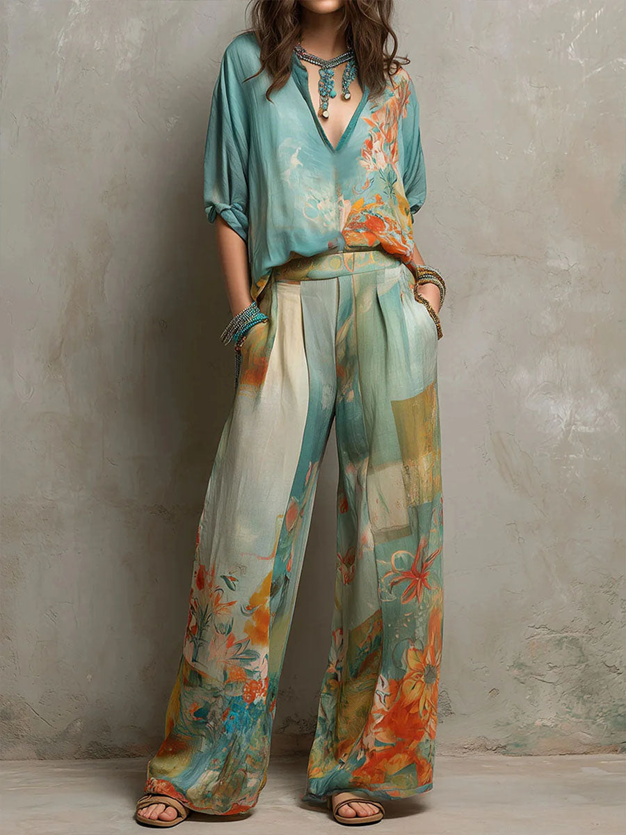 Women's Floral Wide-Leg Two-Piece Set