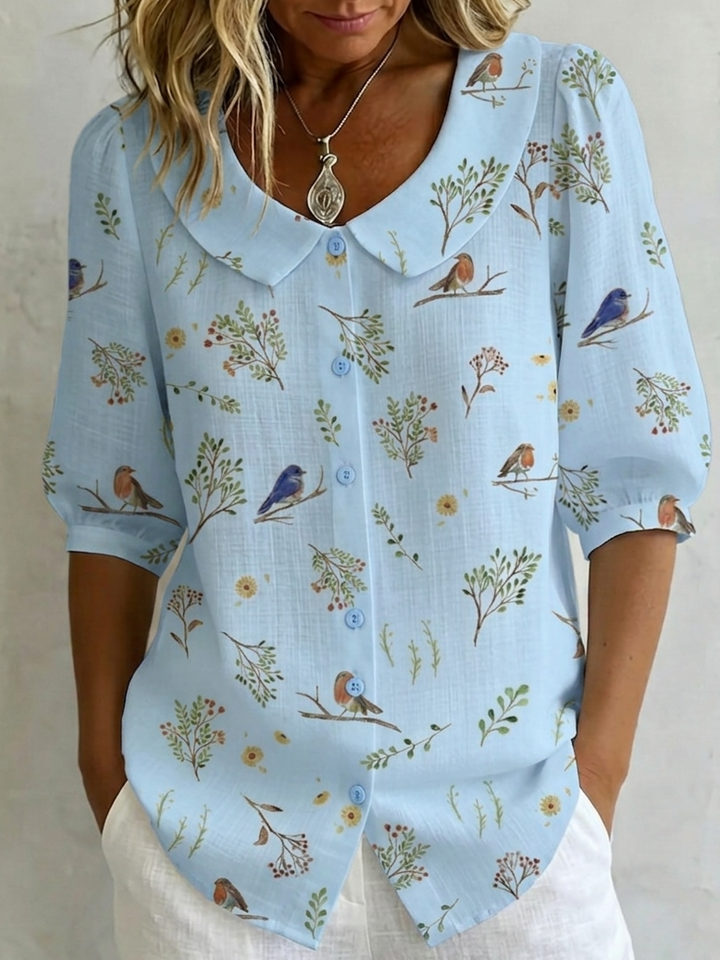 "Forest Whispers" Peter Pan Collar Linen-Cotton Shirt - Elena Harper