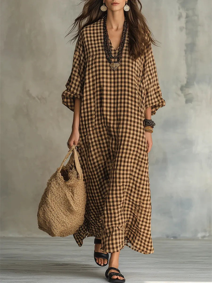Women's Retro Plaid Art Casual Stylish Cotton Linen Maxi Dress - Elena Harper
