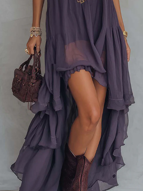 Rose - Retro Halter Neck Irregular Ruffle Maxi Dress