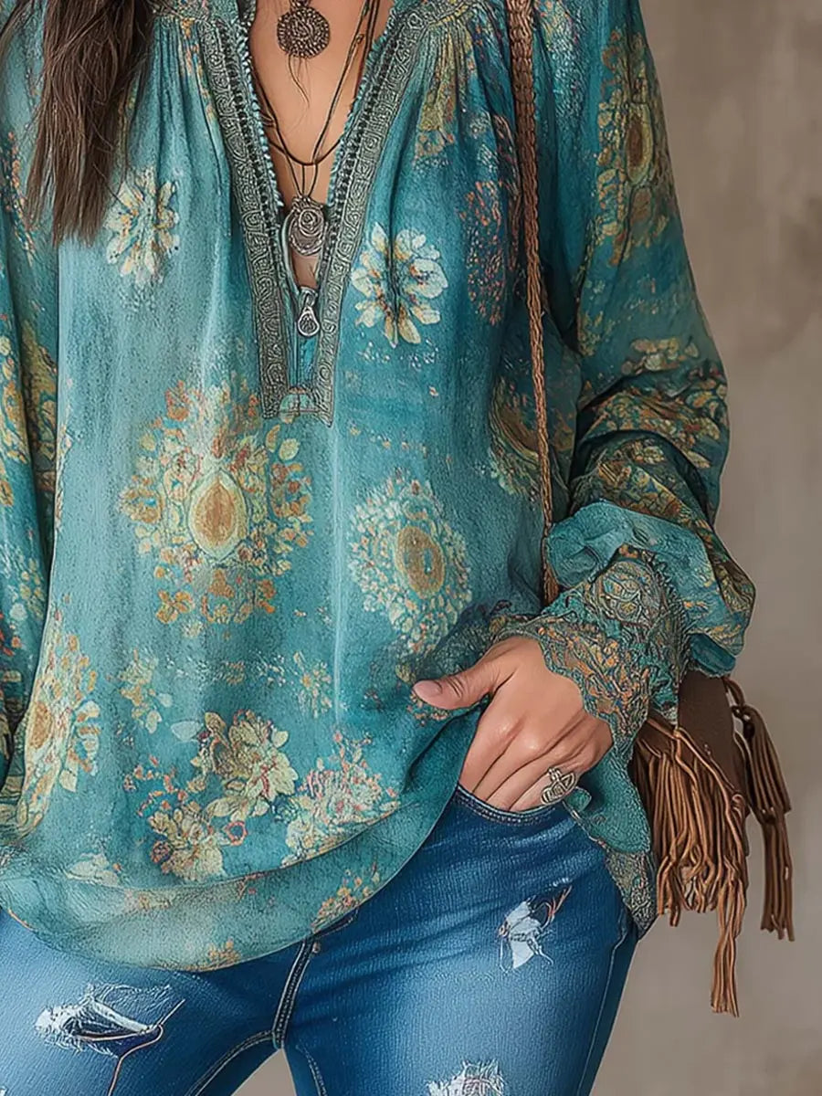 Women's Ethnic Floral Art Print Casual Long Sleeve Cotton Shirt, view 2 - Elena Harper