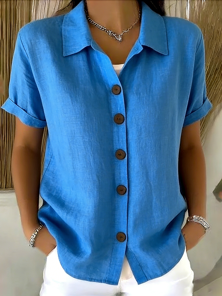 Zuri | Linen Cotton Cozy Basic Button-Up Shirt – Casual Short Sleeve Summer Blouse