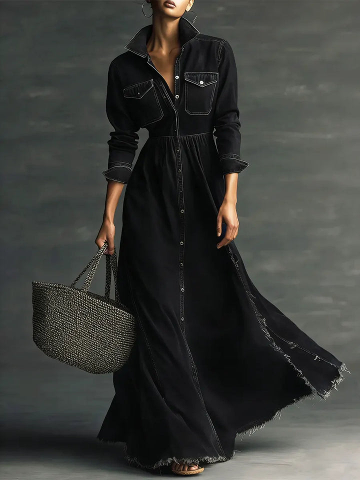 Vera - Stylish Art Stand Collar Washed Denim Midi Dress