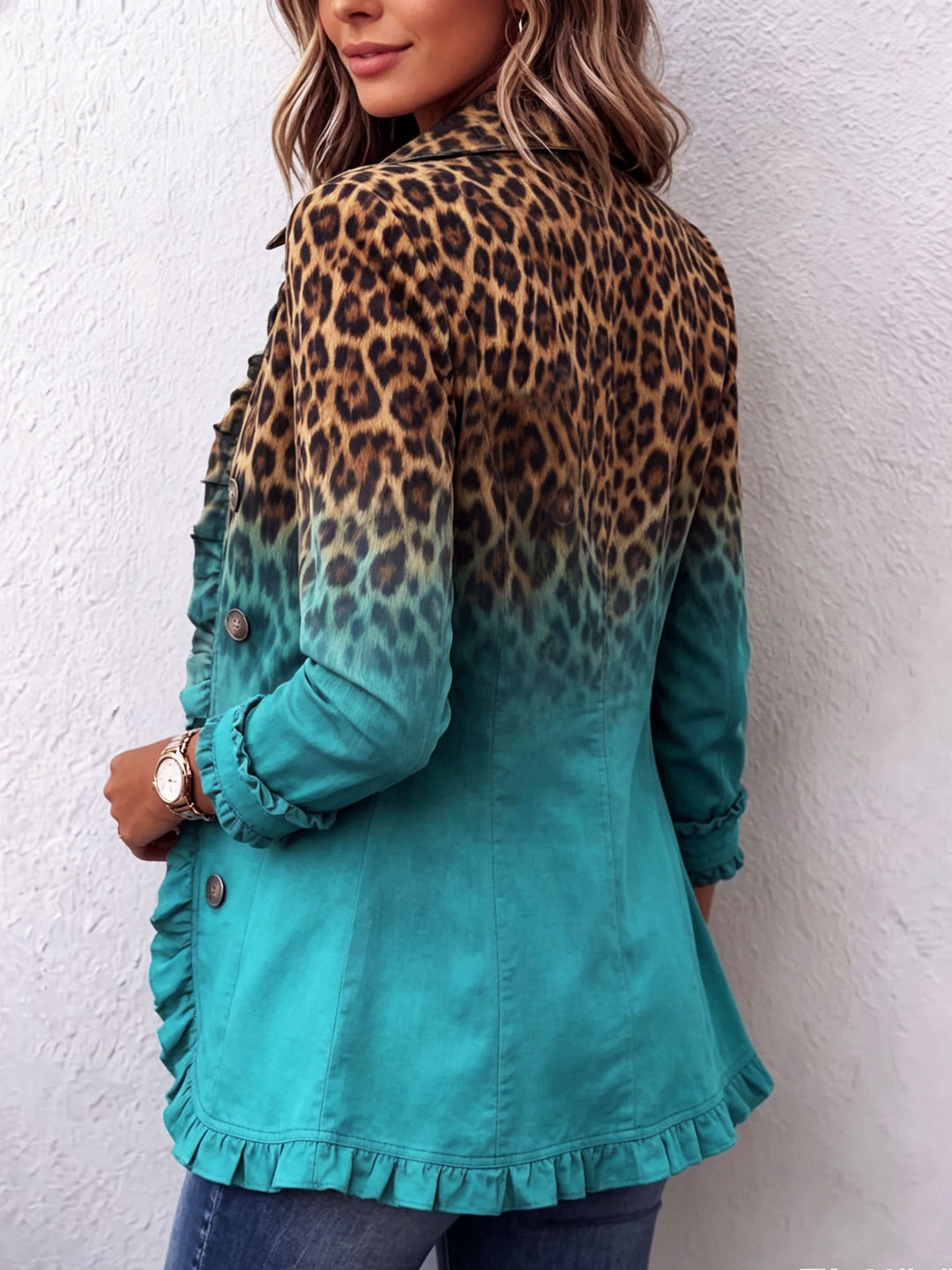 Elspeth Women's Leopard Ombre Blazer Jacket with Ruffle Trim - Elena Harper