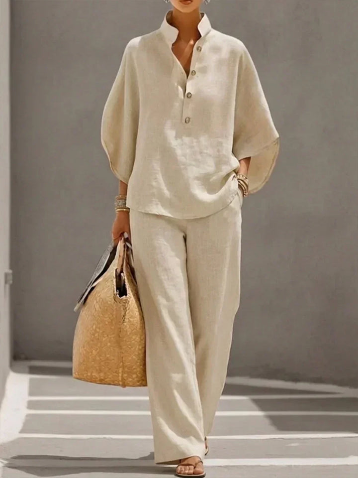 Sophie Linen Set with Batwing Sleeves and Wide Pants, view 2 - Elena Harper