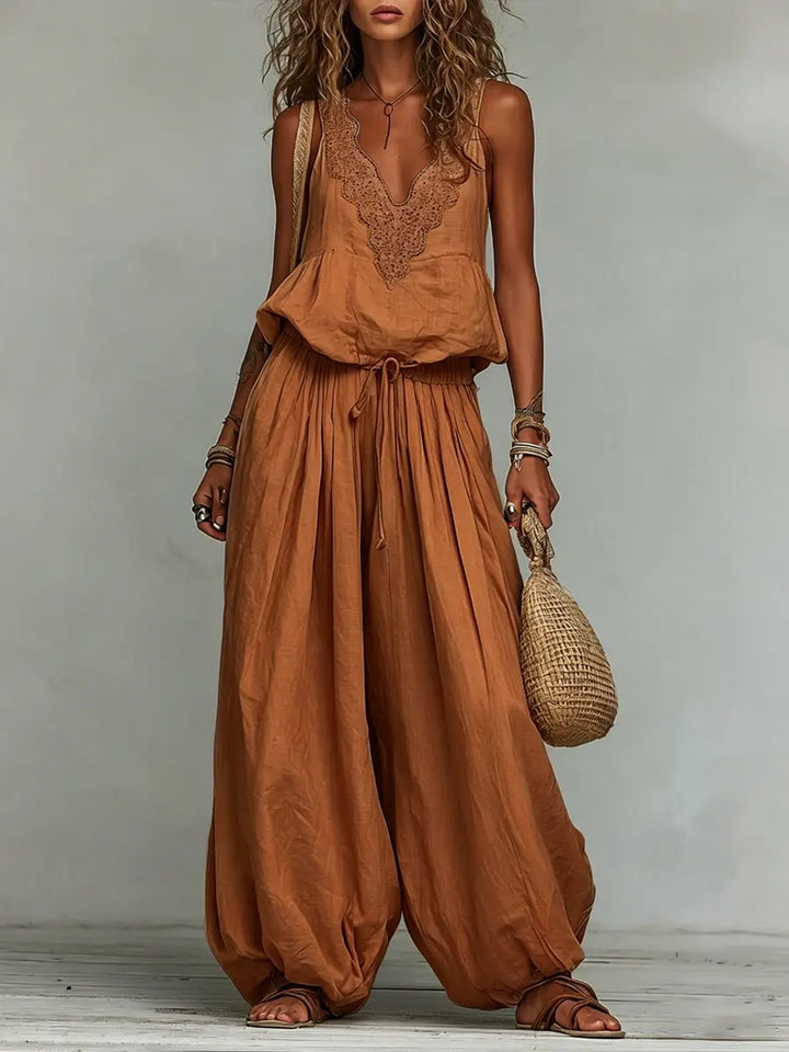Women's Cotton-linen Embroidered Vest Lantern Wide-leg Pants, view 4 - Elena Harper