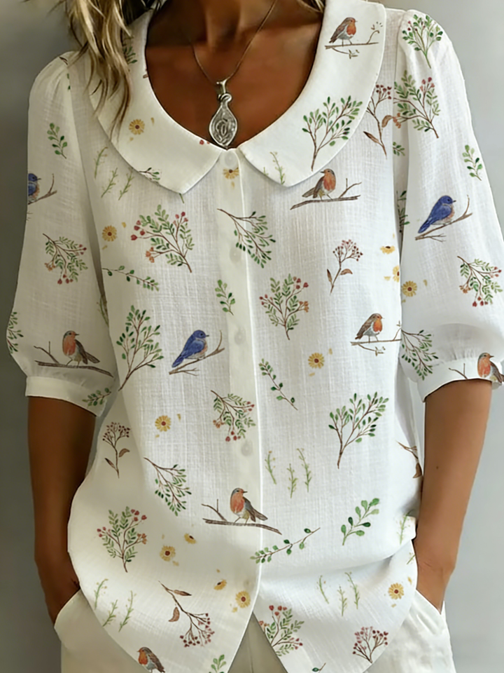 "Forest Whispers" Peter Pan Collar Linen-Cotton Shirt - Elena Harper
