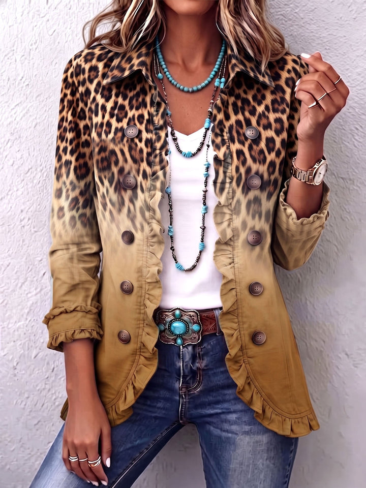 Elspeth Women's Leopard Ombre Blazer Jacket with Ruffle Trim - Elena Harper