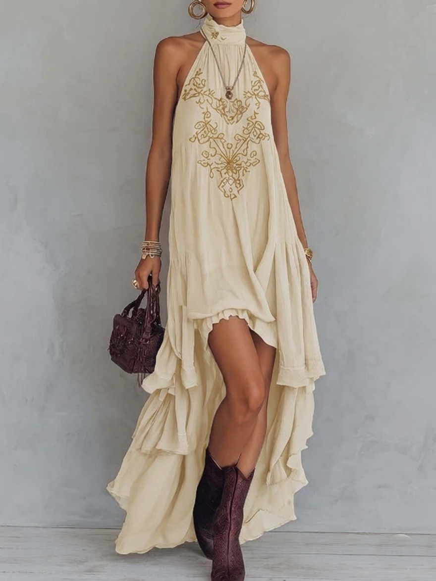 Rose - Retro Halter Neck Irregular Ruffle Maxi Dress