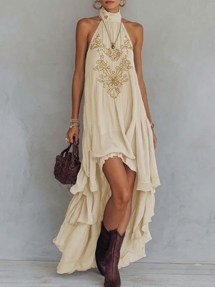 Rose - Retro Halter Neck Irregular Ruffle Maxi Dress