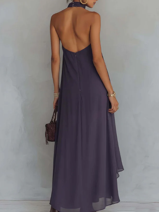 Rose - Retro Halter Neck Irregular Ruffle Maxi Dress