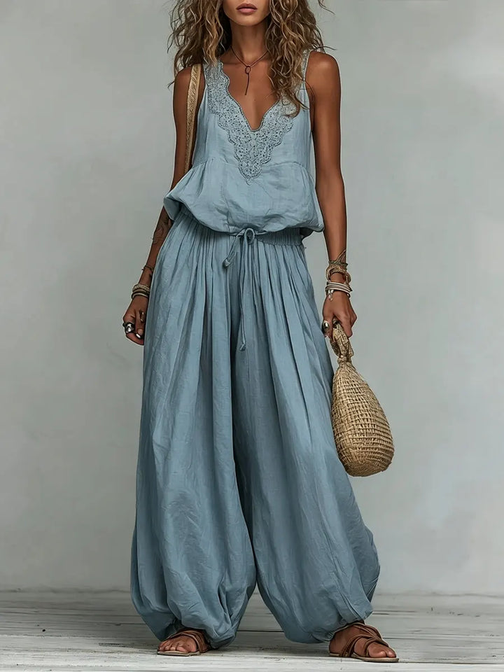Women's Cotton-linen Embroidered Vest Lantern Wide-leg Pants, view 5 - Elena Harper
