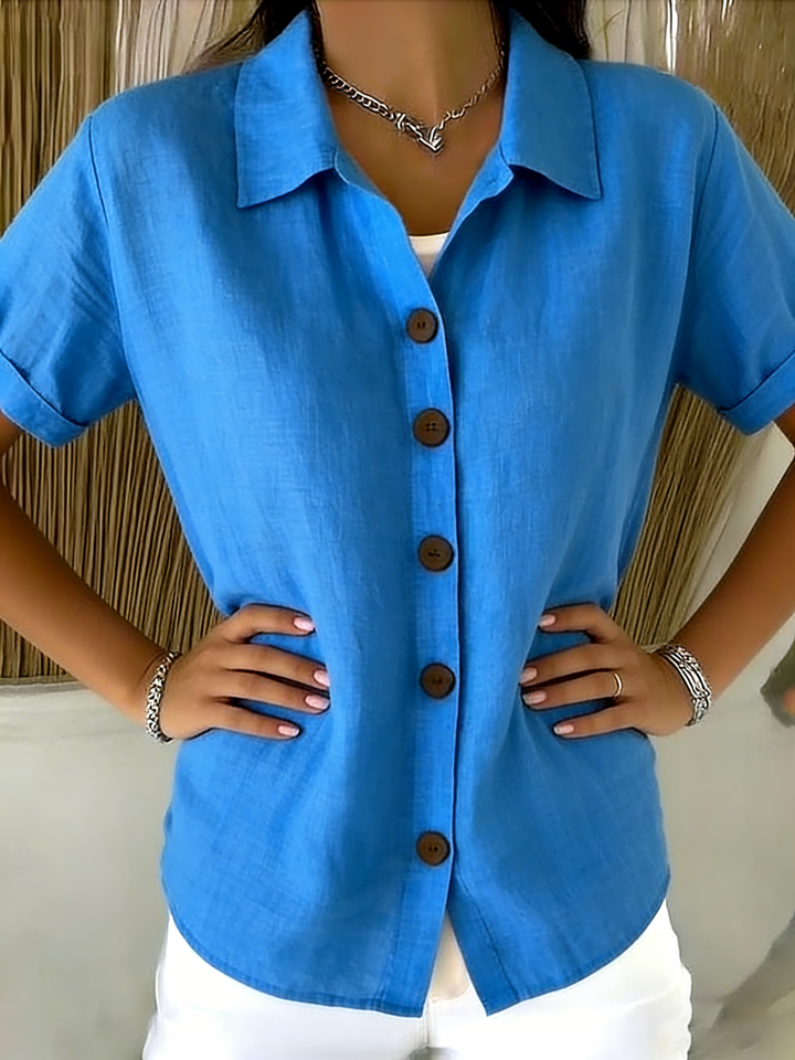 Zuri | Linen Cotton Cozy Basic Button-Up Shirt – Casual Short Sleeve Summer Blouse