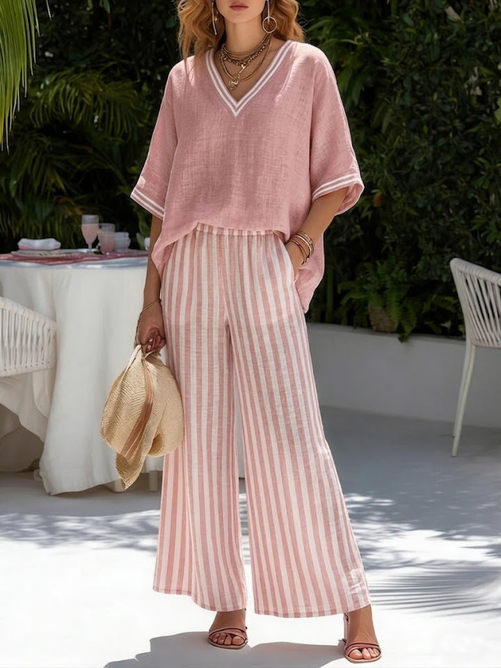 Women's Striped Set in Soft Fabric – Patchwork Top and Matching Pants