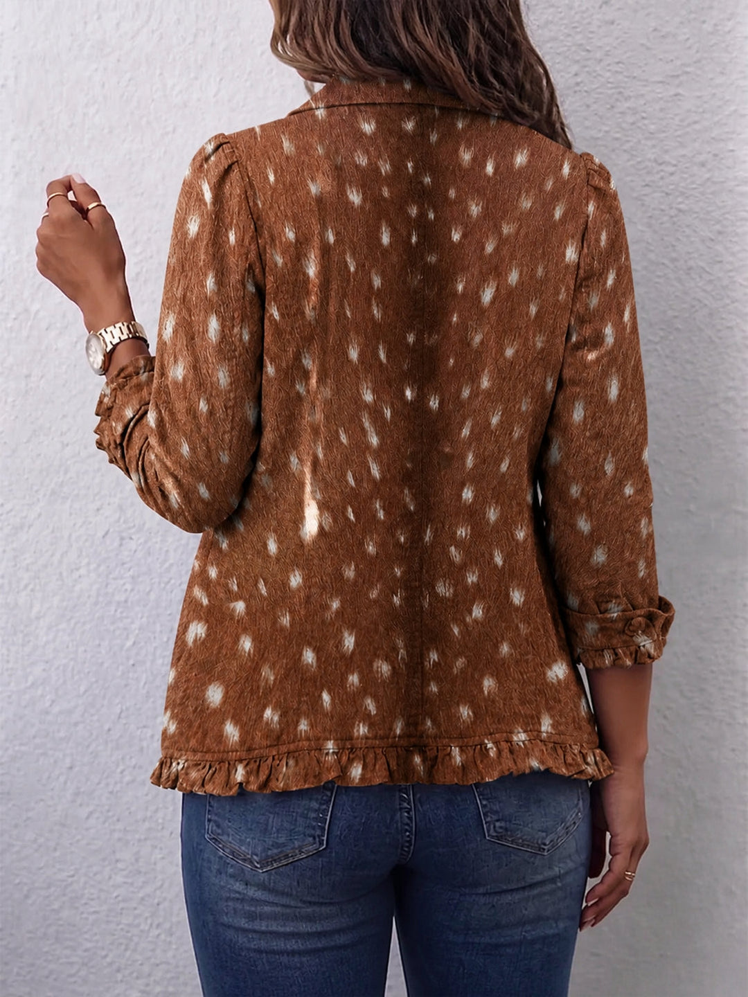 Ladies Blazer with Animal Print and Ruffles – Double-Breasted Buttons