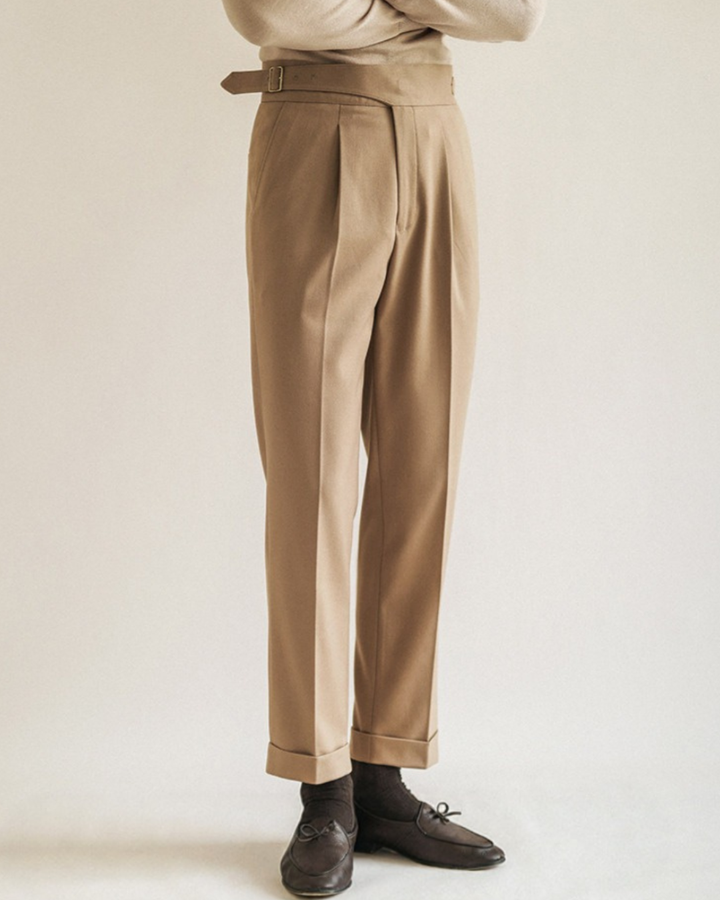 Men's Straight Trousers with Pleats and Adjustable Waist