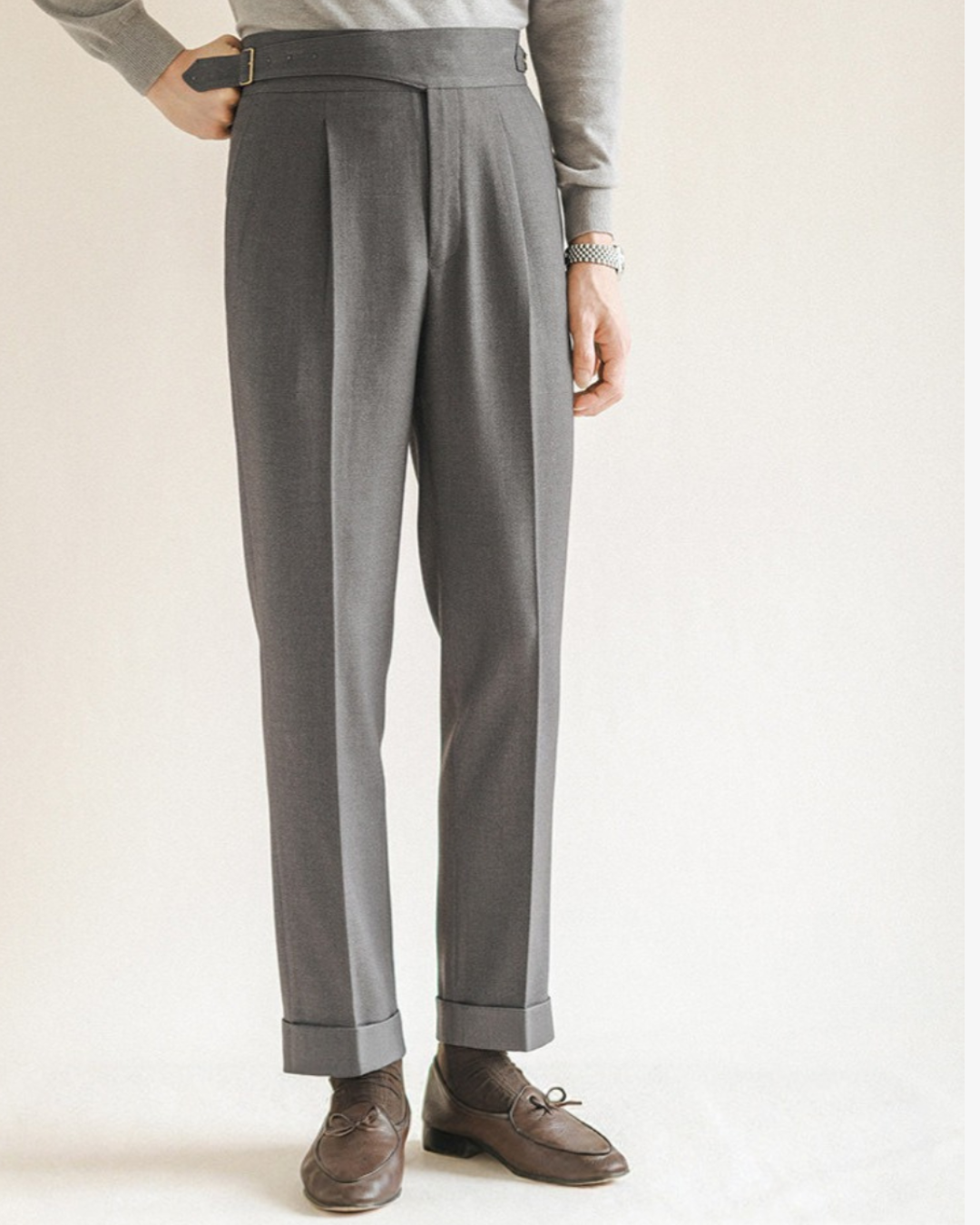 Men's Straight Trousers with Pleats and Adjustable Waist