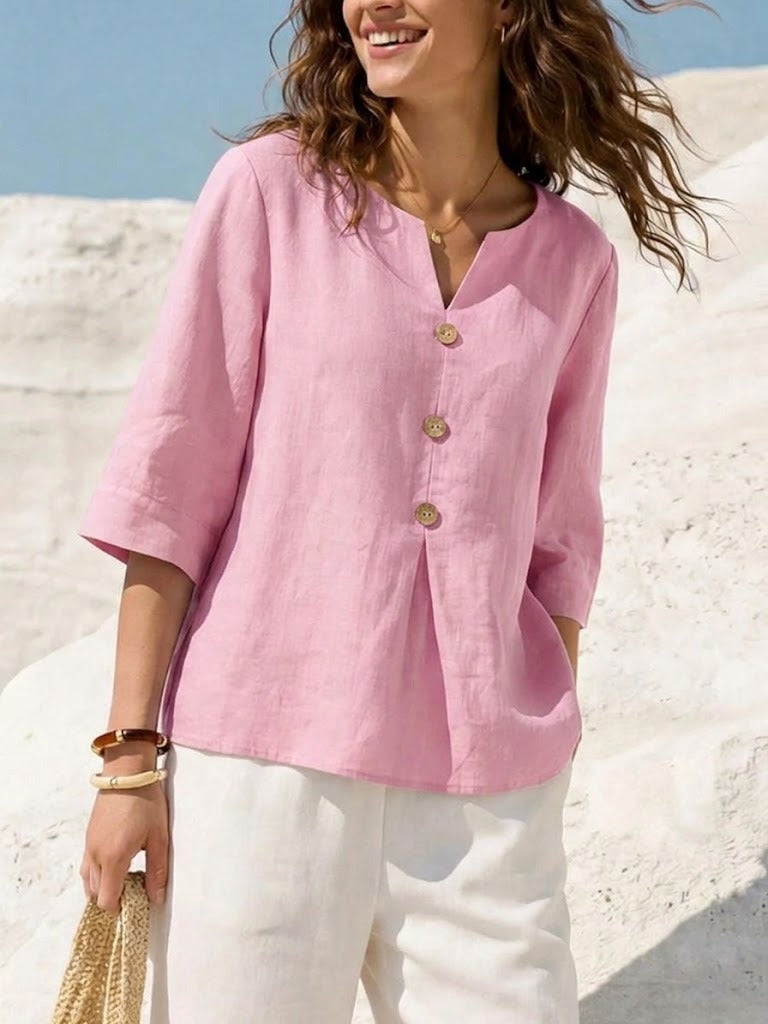 Women's Solid Color V-neck 3/4 Sleeve Casual Loose Cotton Linen Top