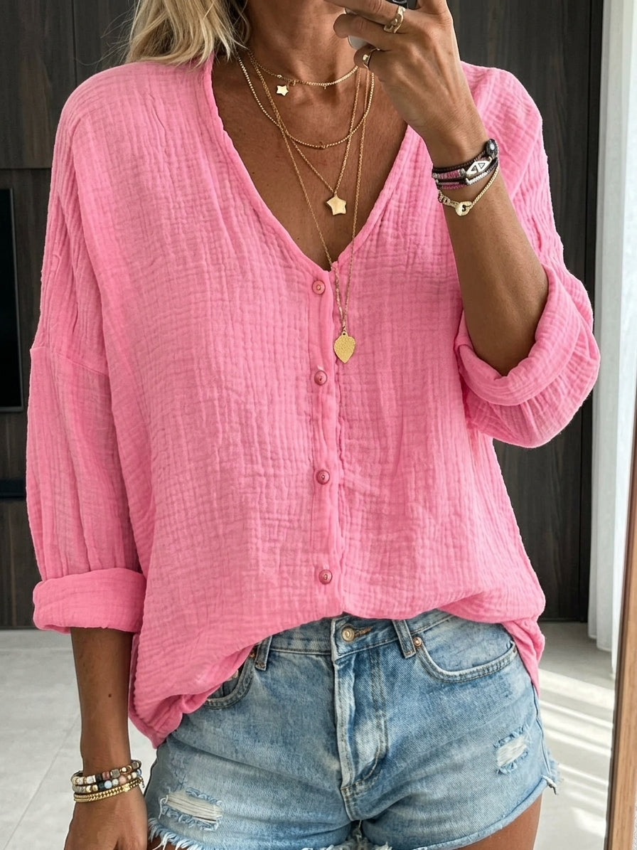 Women's Cotton Linen Loose Solid Color Long-sleeved Shirt