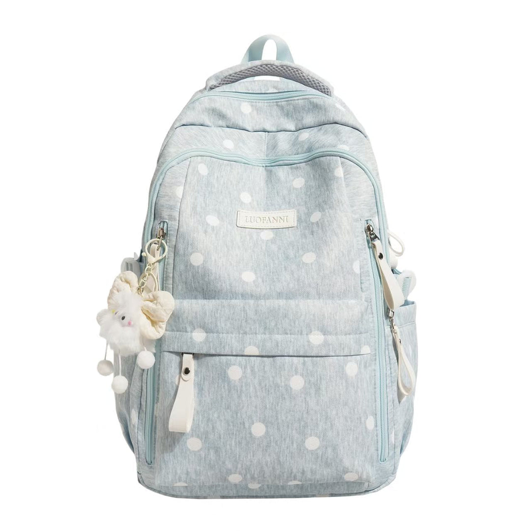 Ladies Backpack with Polka Dot Print - Multi-Pocket Backpack